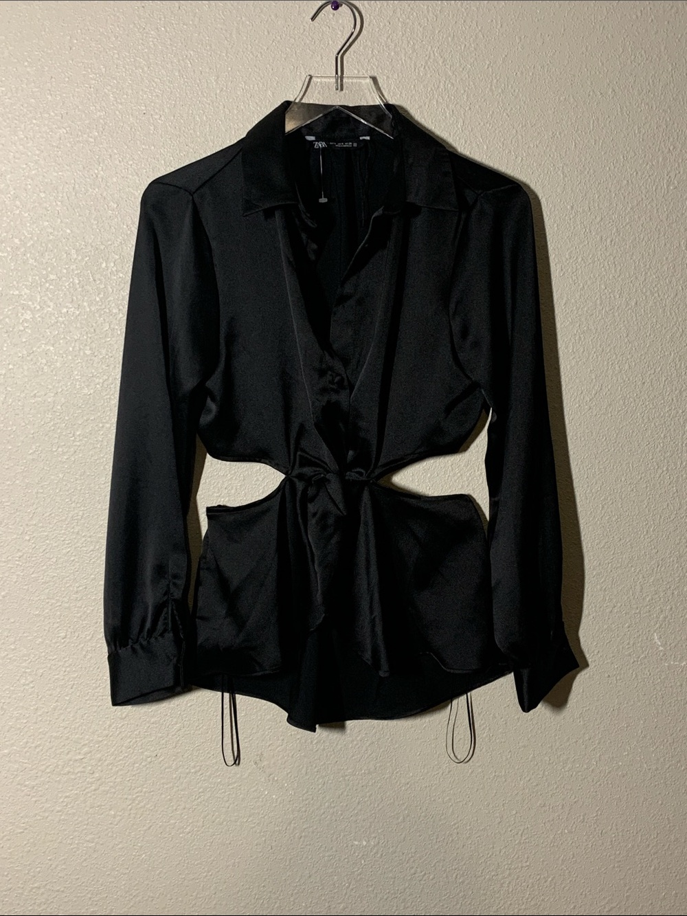 Zara Black Satin Cutout Tie-Front Button Down Blouse